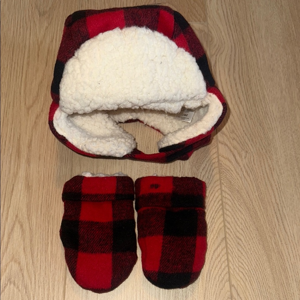 Indigo Baby Red and Black Plaid Sherpa-Lined Hat & Gloves
